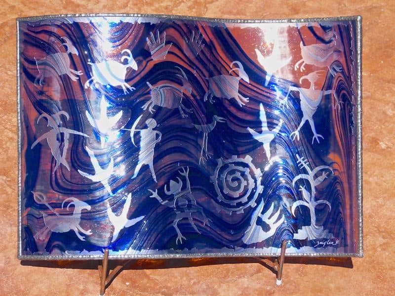 Kiln Formed Petroglyphs blue and orange
