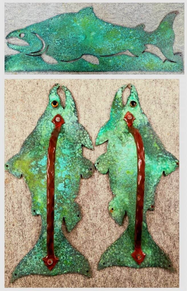 Mixed Media & Functional Art Salmon Door handles on metal