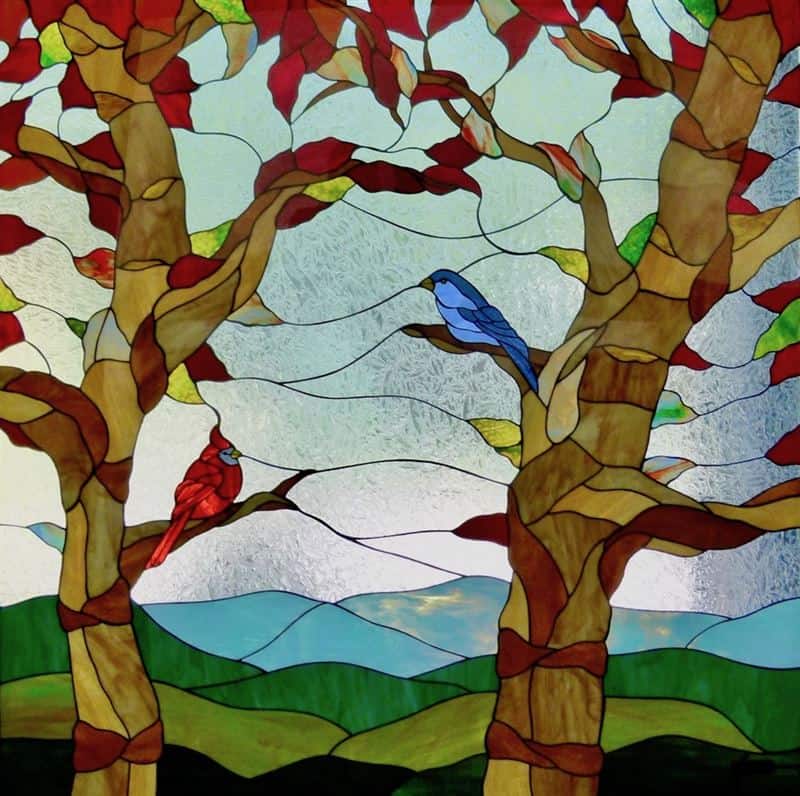 Stained Glass Birds in Tree