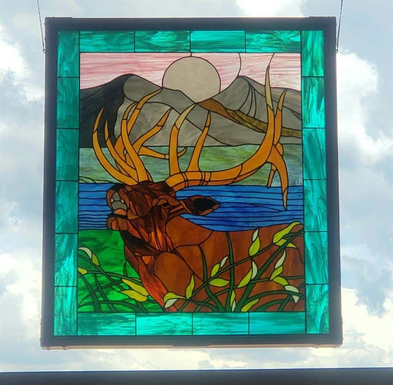 Stained Glass elk closeup Bugling
